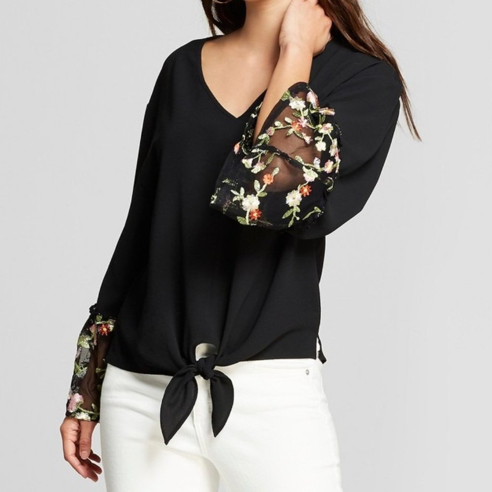 Long Bell Sleeve Embroidered Tulle Midi Blouse Whimsical Feminine Summer Style